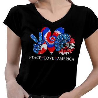 Tie Dye 4Th Of July Peace Love America Sunflower Patriotic Women V-Neck T-Shirt - Seseable