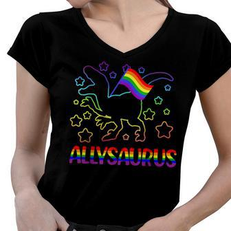 Trans Ally Allysaurus Gay Pride Lgbtq Trans Flag Dinosaur V3 Women V-Neck T-Shirt - Seseable