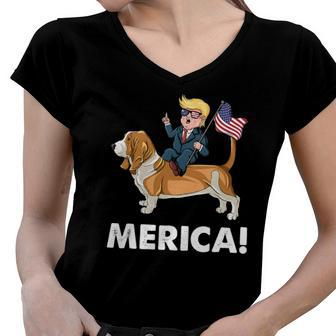 Trump Merica Riding A Basset Hound Dog 4Th July Women V-Neck T-Shirt | Mazezy