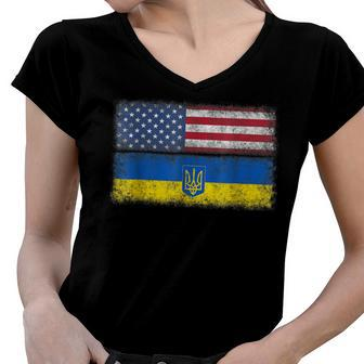 Ukrainian American Flag Ukraine Usa America Roots Women V-Neck T-Shirt - Seseable