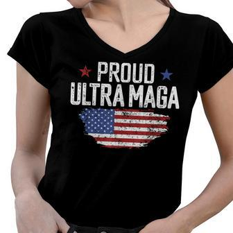 Ultra Maga American Flag Disstressed Proud Ultra Maga Women V-Neck T-Shirt - Seseable