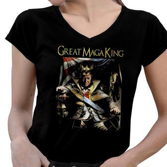 Ultra Maga Great Maga King Great Maga King Trump 2024 Republican Women V-Neck T-Shirt | Mazezy