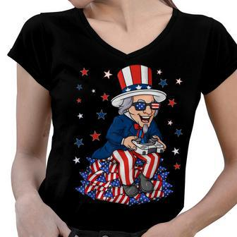 Uncle Sam Game Controller 4Th Of July Boys Kids Ns Gamer Women V-Neck T-Shirt - Seseable