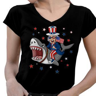 Uncle Sam Riding Shark 4Th Of July Patriotic Boys Kids Funny Women V-Neck T-Shirt - Seseable