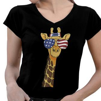 Usa Patriotic Giraffe - July 4Th - Us Flag Women V-Neck T-Shirt - Seseable