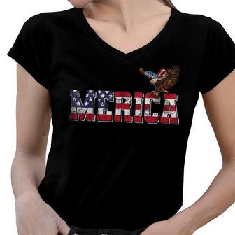 Usa Us American Flag Patriotic 4Th Of July Bald Eagle Merica Women V-Neck T-Shirt - Seseable