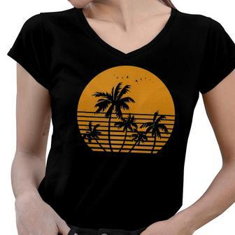 Vintage Birds Sunset Beach Palm Trees Women V-Neck T-Shirt | Mazezy
