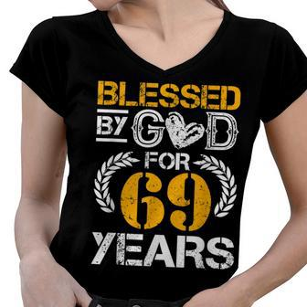 Vintage Blessed By God For 69 Years Happy 69Th Birthday Women V-Neck T-Shirt - Seseable