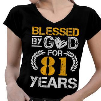 Vintage Blessed By God For 81 Years Happy 81St Birthday Women V-Neck T-Shirt - Seseable