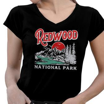 Vintage Redwood National Park Distressed 80S Mountains Women V-Neck T-Shirt | Mazezy UK