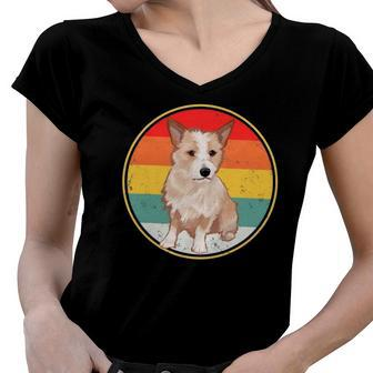 Vintage Retro Sunset Portuguese Podengo Pequeno Dog Women V-Neck T-Shirt | Mazezy