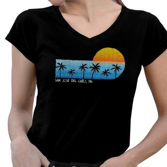 Vintage San Jose Del Cabo Mx Palm Trees & Sunset Beach Women V-Neck T-Shirt | Mazezy