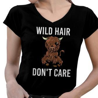 Wild Hair Dont Care Funny Highland Cow Heifer Cattle Women V-Neck T-Shirt | Mazezy