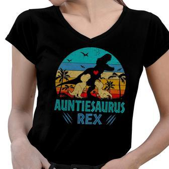 Womens Auntiesaurusrex Dinosaur Mommy Saurus Family Matching Women V-Neck T-Shirt | Mazezy