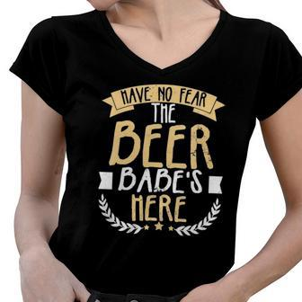 Womens Beer Babe Design Have No Fear Beer Babe Is Here Gift Women V-Neck T-Shirt | Mazezy