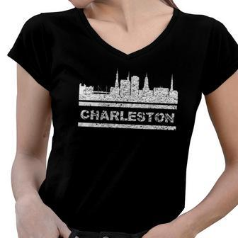 Womens I Love Charleston Sc Vacation Arthur Ravenel Bridge Skyline Women V-Neck T-Shirt | Mazezy