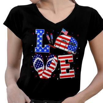 Womens Love Camping Flip Flop Usa Flag 4Th Of July Camper Patriotic Women V-Neck T-Shirt - Seseable