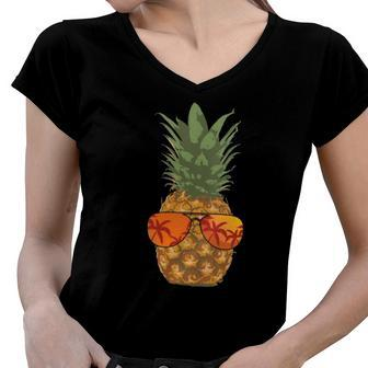 Womens Pineapple Shades Aloha Hawaii Tropical Beach Vintage Women V-Neck T-Shirt | Mazezy
