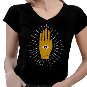 Womens Spiritual Mystic Eye Third Eye All Seeing Eye Hamsa Hand Women V-Neck T-Shirt | Mazezy