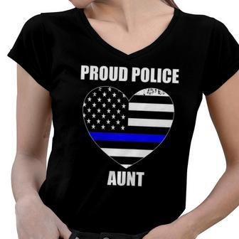 Womens Thin Blue Line Flag Law Enforcement Officer Proud Aunt Women V-Neck T-Shirt | Mazezy