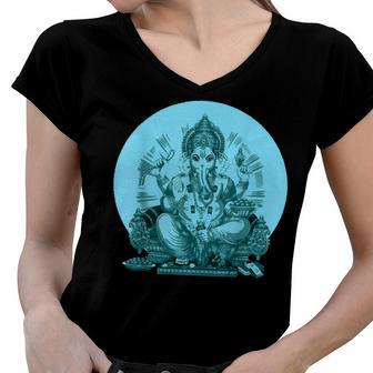 Yoga Spiritual Hindu God Ganesha Meditation V2 Women V-Neck T-Shirt - Seseable