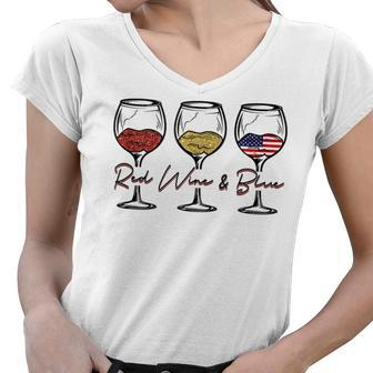 4Th Of July Wine Red White Blue Wine Glasses Red Wine & Blue Women V-Neck T-Shirt - Seseable