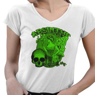 Absinthe Skull Green Fairy Retro Design Women V-Neck T-Shirt | Mazezy
