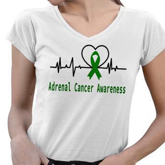 Adrenal Cancer Awareness Heartbeat Green Ribbon Adrenal Cancer Adrenal Cancer Awareness Women V-Neck T-Shirt | Favorety AU