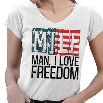 American Flag Milf Man I Love Freedom 4Th Of July Patriotic Women V-Neck T-Shirt - Seseable