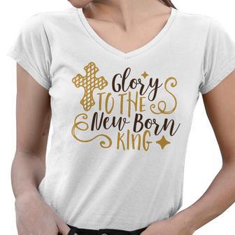 Baby Shower Text Design Glory To The New Born Women V-Neck T-Shirt | Favorety