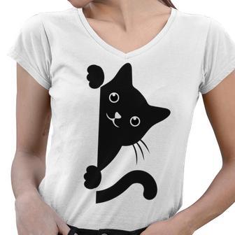 Black Cat Peeking Women V-Neck T-Shirt | Favorety DE