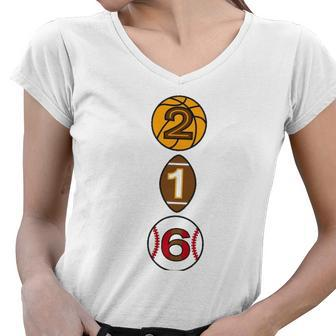Cleveland Basketball Baseball Football 216 Area Code Women V-Neck T-Shirt | Mazezy