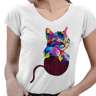 Cute Cat Gift For Kitten Lovers Colorful Art Kitty Adoption Women V-Neck T-Shirt | Favorety