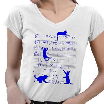 Cute Cats Kitty Music Notes Musician Art Women V-Neck T-Shirt | Mazezy