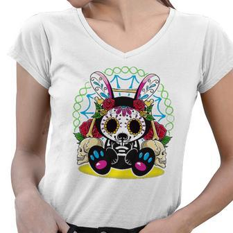Day Of The Dead Dia De Los Muertos Bunny Sugar Skull Women V-Neck T-Shirt | Mazezy