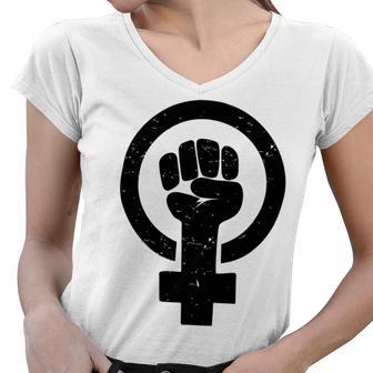 Feminist Raised Fist - Distressed Fitted Women V-Neck T-Shirt | Favorety AU