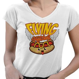 Flying Hot Dog - Funny Sausage Lovers Women V-Neck T-Shirt | Mazezy
