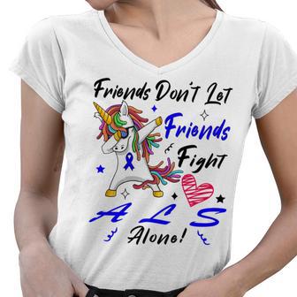 Friends Dont Let Friends Fight Als Alone Unicorn Blue Ribbon Amyotrophic Lateral Sclerosis Support Als Awareness Women V-Neck T-Shirt | Favorety DE