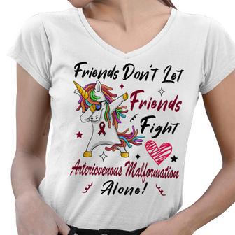 Friends Dont Let Friends Fight Arteriovenous Malformation Alone Unicorn Burgundy Ribbon Arteriovenous Malformation Support Arteriovenous Malformation Awareness Women V-Neck T-Shirt | Favorety AU