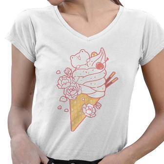 Frog Ice Cream Cone Cute Kawaii Aesthetic Women V-Neck T-Shirt | Mazezy