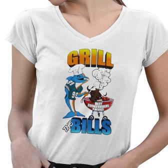 Grill The Bills Dolphin Chef Best Buffalo Burgers And Wings Women V-Neck T-Shirt | Mazezy
