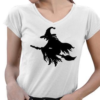 Halloween Scary Old Witch On Broom Art Design Pattern Women V-Neck T-Shirt | Favorety