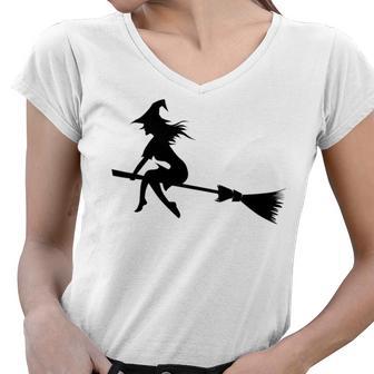 Halloween Young Scary Witch On Broom Pattern Women V-Neck T-Shirt | Favorety AU