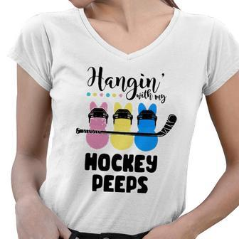Hanging With My Hockey Easter Bunnies Cute Easter Women V-Neck T-Shirt | Mazezy