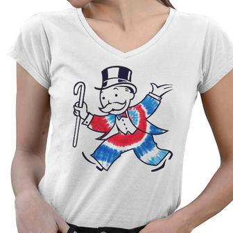 Hasbro Monopoly Fourth Of July Tie Dye Filled Monopoly Man Women V-Neck T-Shirt | Mazezy