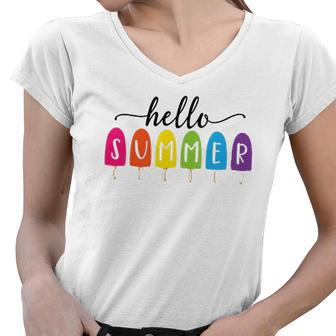 Hello Summer Vacation Ice Cream Popsicle Ice Lolly Lovers Gift Women V-Neck T-Shirt | Mazezy