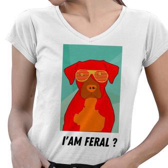 I Am Feral Coll Red Dog Women V-Neck T-Shirt - Monsterry