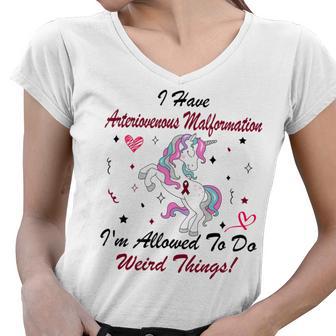 I Have Arteriovenous Malformation Im Allowed To Do Weird Things Funny Unicorn Burgundy Ribbon Arteriovenous Malformation Support Arteriovenous Malformation Awareness Women V-Neck T-Shirt | Favorety DE