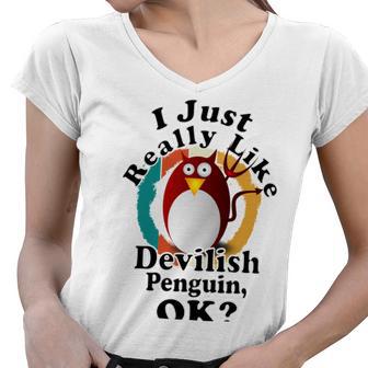 I Really Like Devilish Penguin Ok Women V-Neck T-Shirt | Favorety