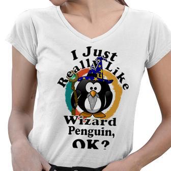 I Really Like Wizard Penguin Ok Women V-Neck T-Shirt | Favorety